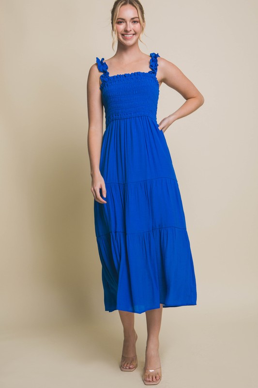 Sleeveless Tiered Smocked Bodice Maxi Dress