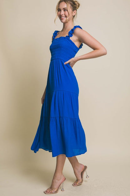 Sleeveless Tiered Smocked Bodice Maxi Dress