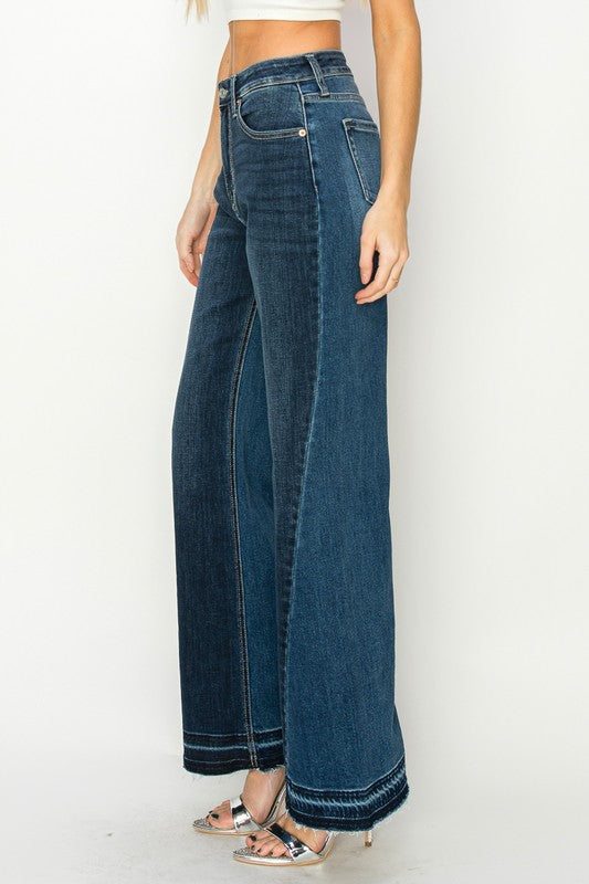 High Rise Color Block Wide Leg Denim Jeans