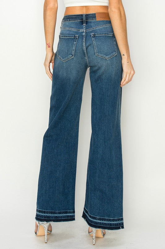 High Rise Color Block Wide Leg Denim Jeans