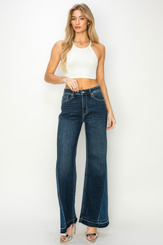 High Rise Color Block Wide Leg Denim Jeans