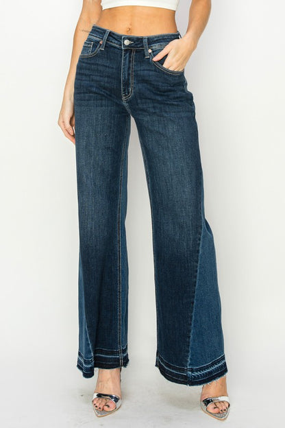 High Rise Color Block Wide Leg Denim Jeans