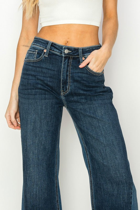 High Rise Color Block Wide Leg Denim Jeans