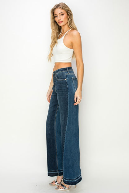 High Rise Color Block Wide Leg Denim Jeans