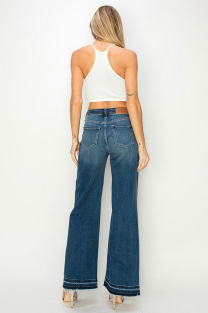 High Rise Color Block Wide Leg Denim Jeans