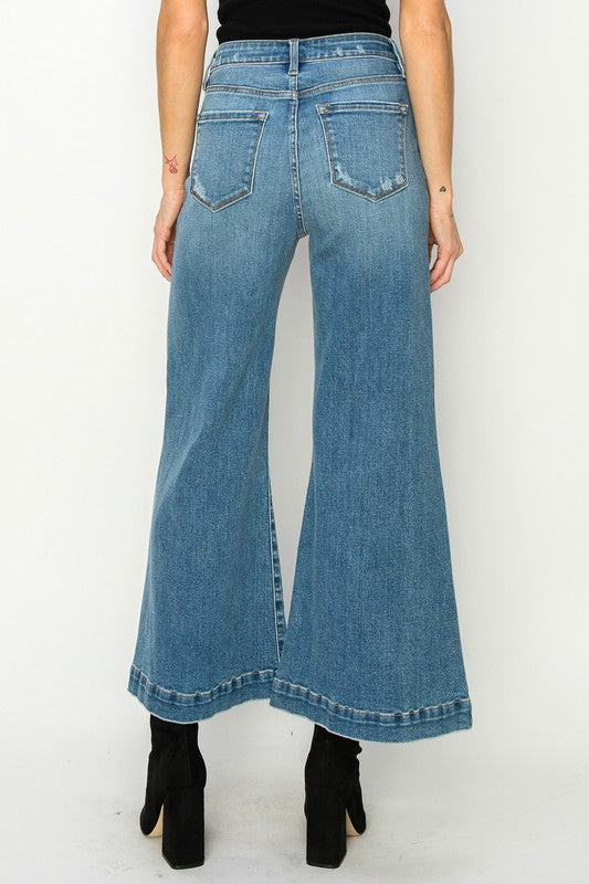 Medium Stone Wash High Rise Crop Palazzo Jeans