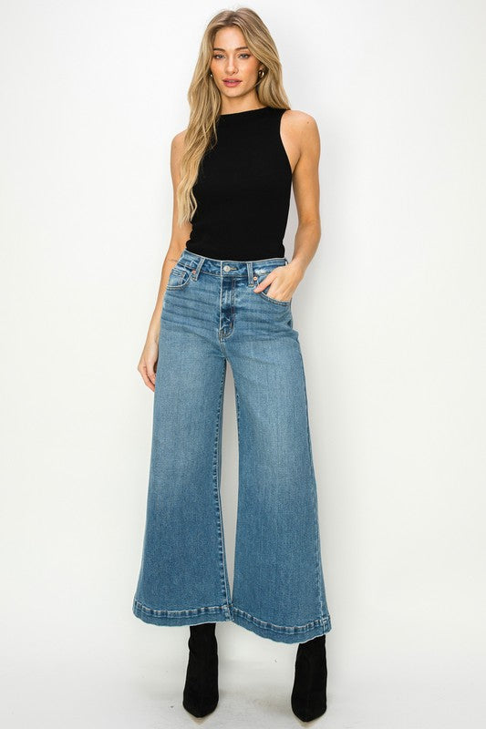 Medium Stone Wash High Rise Crop Palazzo Jeans