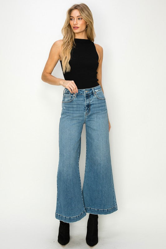 Medium Stone Wash High Rise Crop Palazzo Jeans