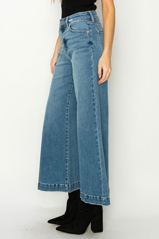 Medium Stone Wash High Rise Crop Palazzo Jeans