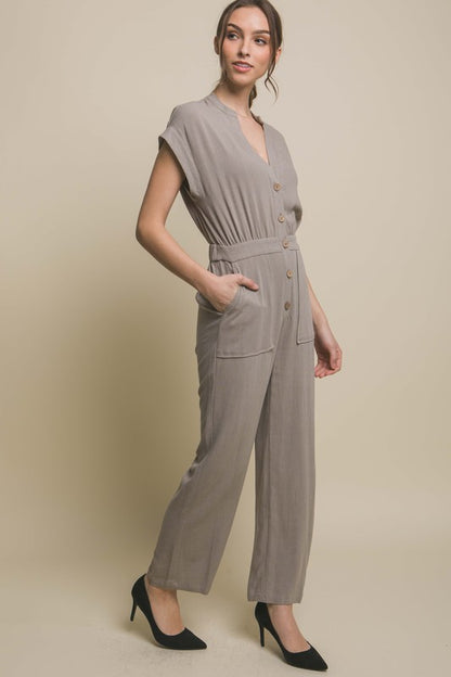 V-Neck Short Sleeve Pocketed Jumpsuit