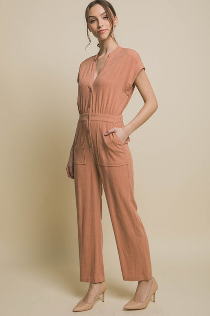 V-Neck Short Sleeve Pocketed Jumpsuit