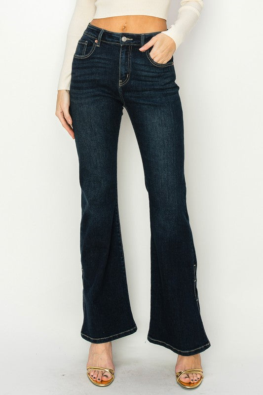 Side Slit Detail High Rise Flare Dark Stone Wash Jeans