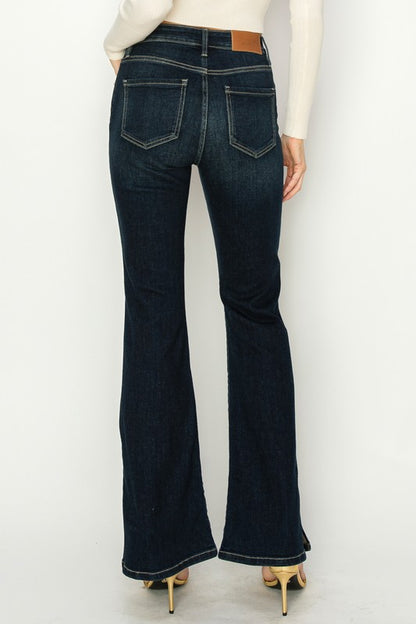 Side Slit Detail High Rise Flare Dark Stone Wash Jeans