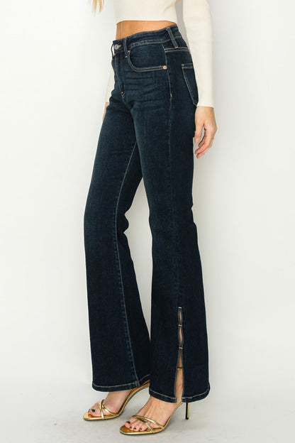 Side Slit Detail High Rise Flare Dark Stone Wash Jeans