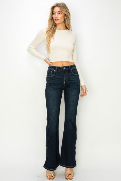 Side Slit Detail High Rise Flare Dark Stone Wash Jeans