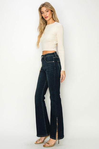 Side Slit Detail High Rise Flare Dark Stone Wash Jeans