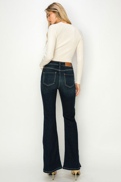 Side Slit Detail High Rise Flare Dark Stone Wash Jeans