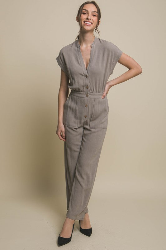 V-Neck Short Sleeve Pocketed Jumpsuit