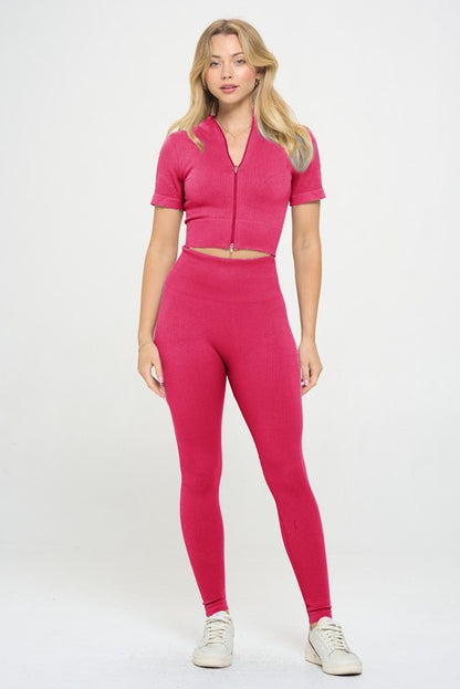 Ribbed Seamless Short Sleeve Zip up Jacket & Leggings Set