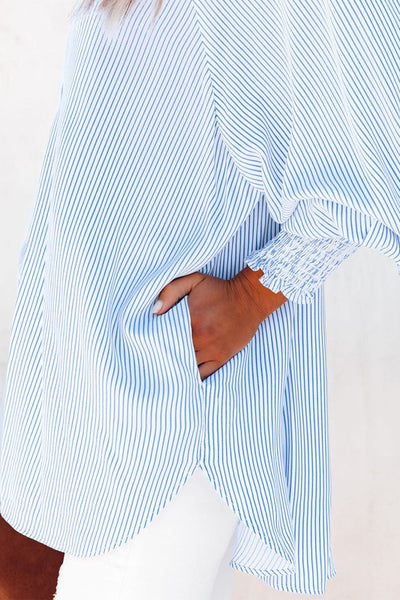 Stripe Smocked Shirred Oversized Shirt - Fashions Envy