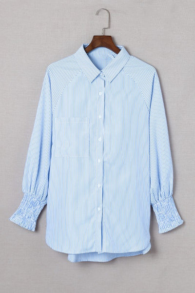 Stripe Smocked Shirred Oversized Shirt - Fashions Envy