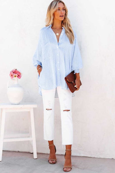 Stripe Smocked Shirred Oversized Shirt - Fashions Envy