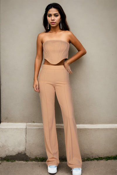 Strapless Corset Top & Flare Pants Set - Fashions Envy