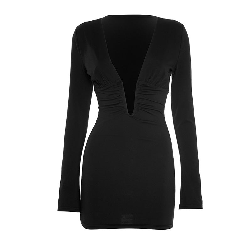 Deep V Mini Dress - Hollow-Out Long Sleeve Style - Fashions Envy