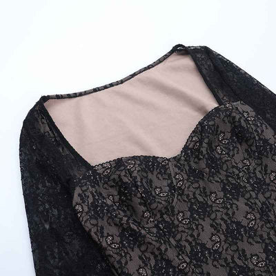 Black Lace Long Sleeve Top - V-Neck Waist Cinched Slim