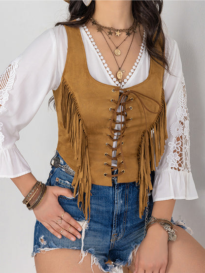 Fringe Lace-Up Vest - Fashions Envy