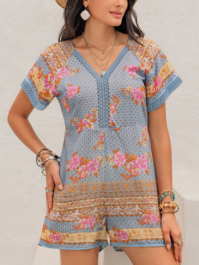 Printed V-Neck Short Sleeve Light Blue Romper