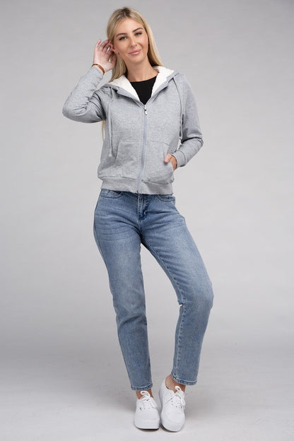 Fuzzy Trim Zip-Up Cropped Length Hoodie