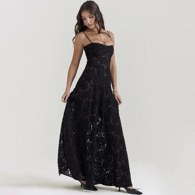 Lace Spaghetti Strap Maxi Dress - Elegant Floor Length