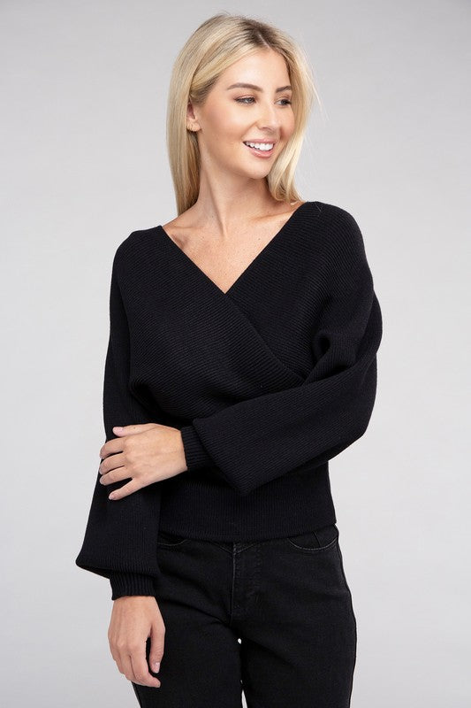 Cross-Wrap Viscose Long Sleeve Pullover Sweater