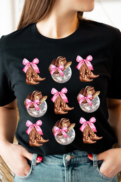 Cowgirl Boots Disco Ball Ribbon Graphic T Shirts