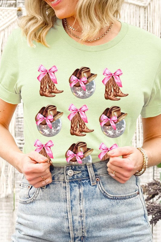 Cowgirl Boots Disco Ball Ribbon Graphic T Shirts