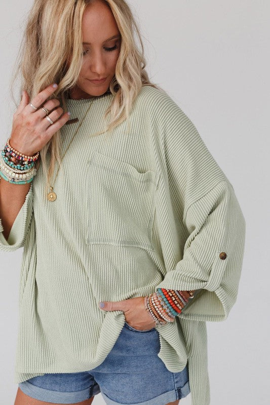 Ribbed Tab Sleeve Oversize Pocket Top