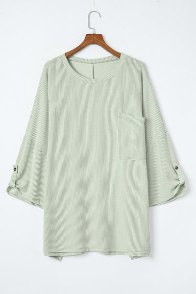 Ribbed Tab Sleeve Oversize Pocket Top - Fashions Envy