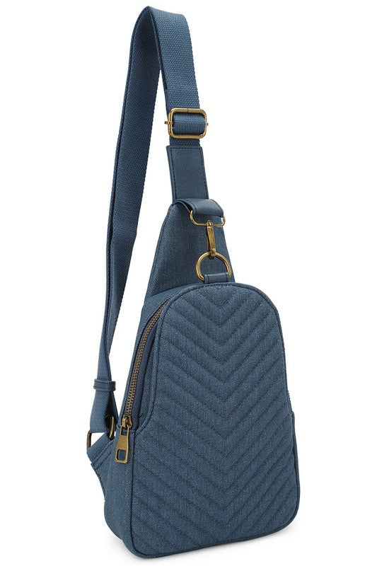 Chevron Quilted Denim Sling Crossbody Bag