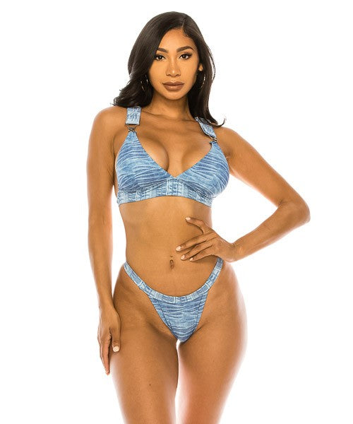 Stone Washed Denim Big Buckle Design Bikini Swimsuit