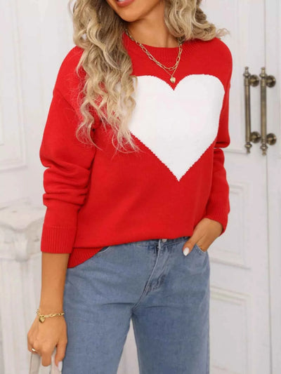 Valentine's Day Heart Round Neck Dropped Shoulder Sweater - Fashions Envy