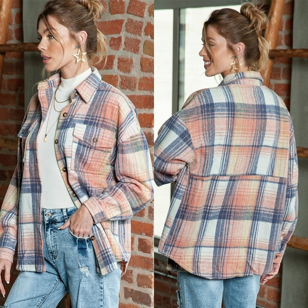 Pink Cream Plaid Checker Button-Down Shacket