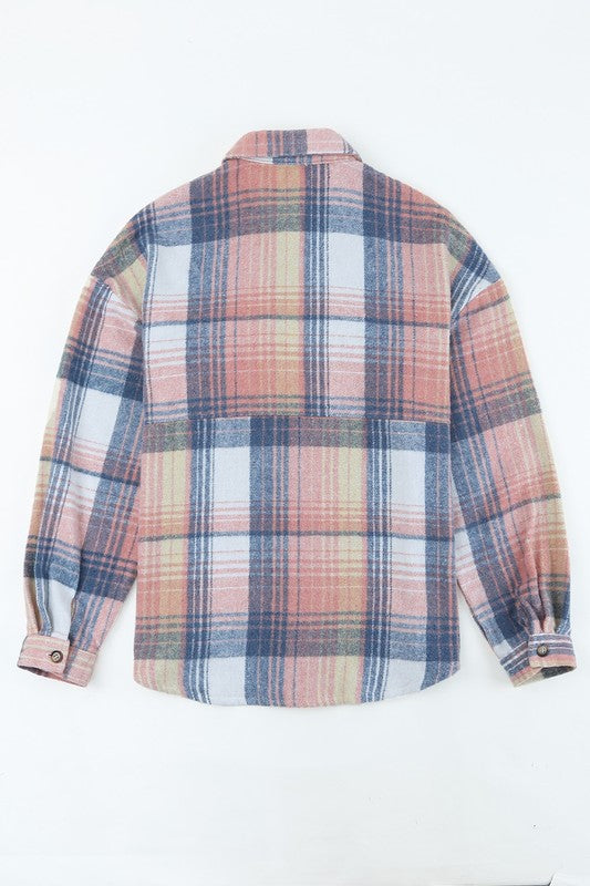 Pink Cream Plaid Checker Button-Down Shacket