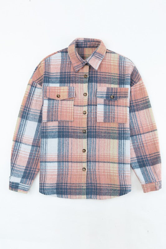 Pink Cream Plaid Checker Button-Down Shacket