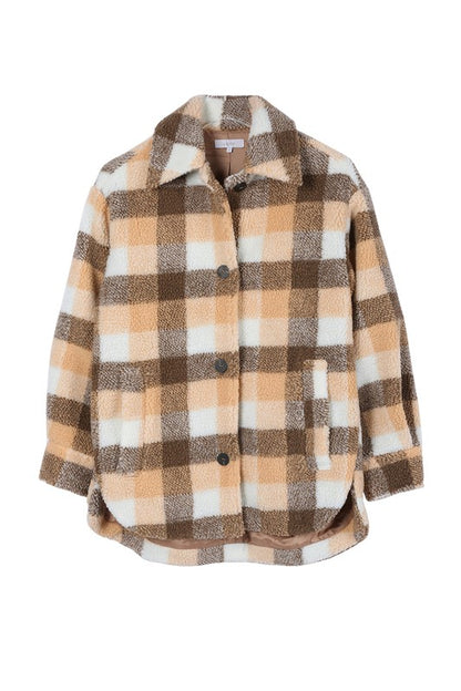 Brown Orange Plaid Check Sherpa Jacket with Pockets