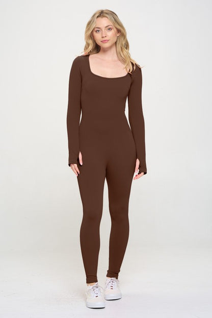 Ribbed Knit Thumbhole Long Sleeve Active Jumpsuit