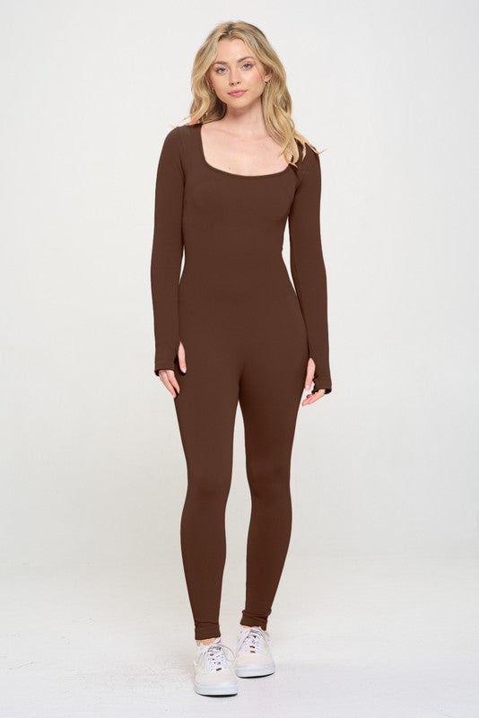 Ribbed Knit Thumbhole Long Sleeve Active Jumpsuit