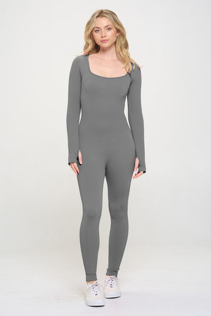 Ribbed Knit Thumbhole Long Sleeve Active Jumpsuit