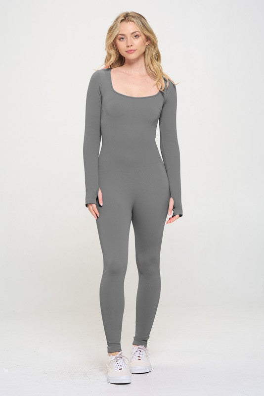 Ribbed Knit Thumbhole Long Sleeve Active Jumpsuit