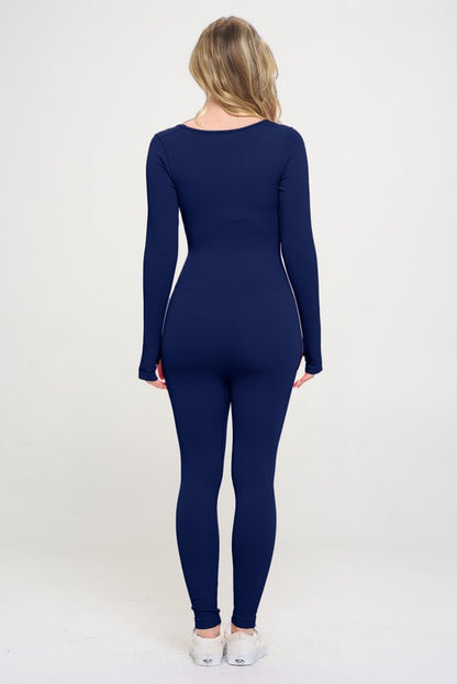 Ribbed Knit Thumbhole Long Sleeve Active Jumpsuit